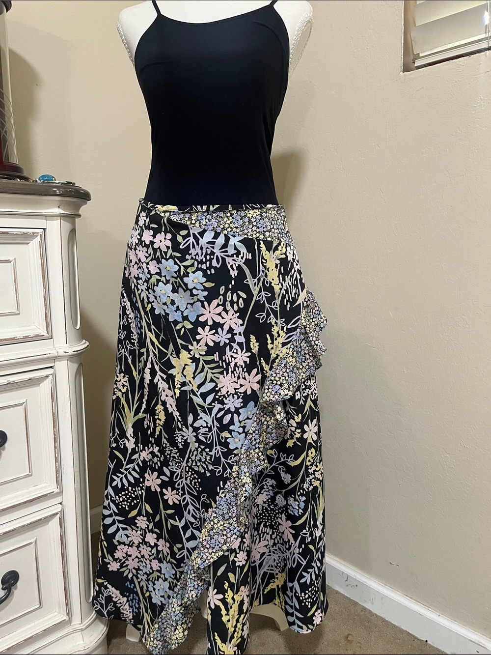 Calvin Klein Black Floral A-Line Wrap Skirt with Pastel Accents